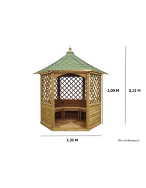 Pavillon hexagonal, bois massif, 4,78 m², H.3,15 m, toit vert, Foresta, achat, pas cher